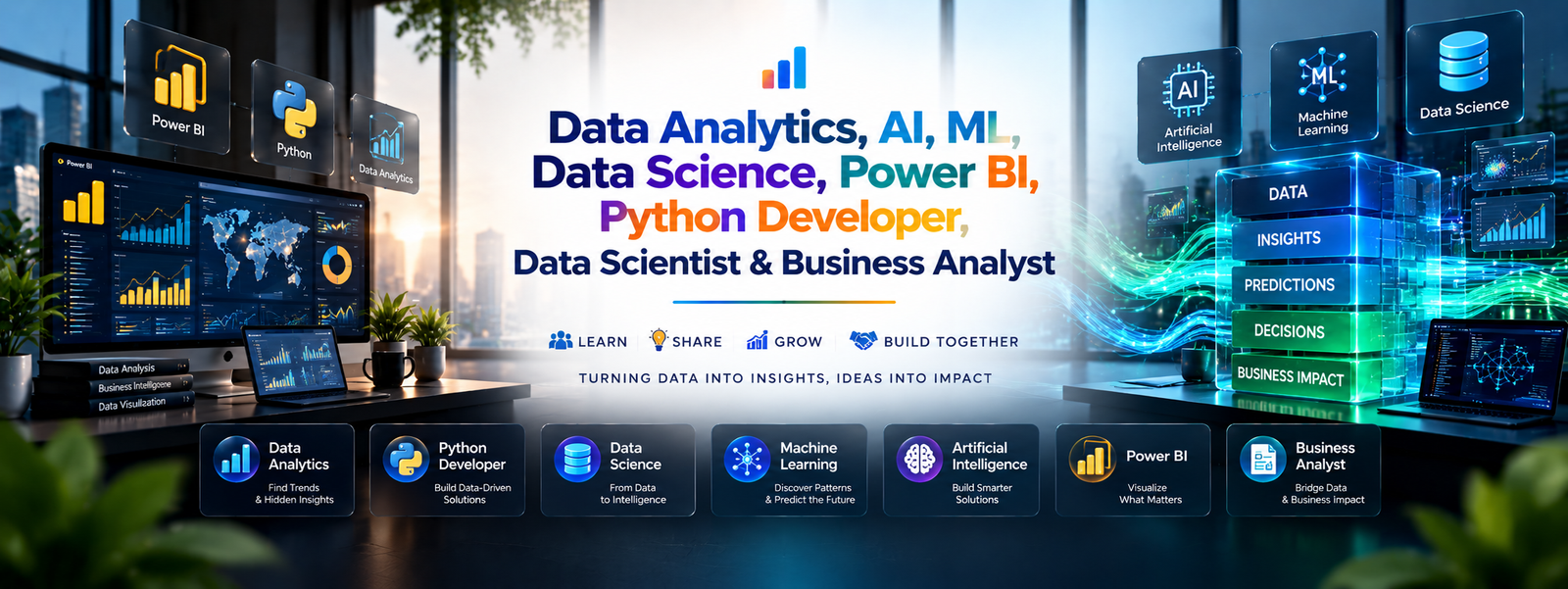 Data Analytics, AI, ML, Data Science, Power BI, Python Developer, Data Scientist & Business Analyst illustration